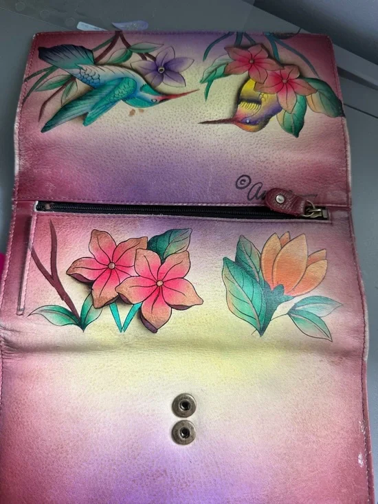 Anuschka Hand-Painted Hummingbird Floral Wallet in Pink Yellow Leather - Picture 9 of 10